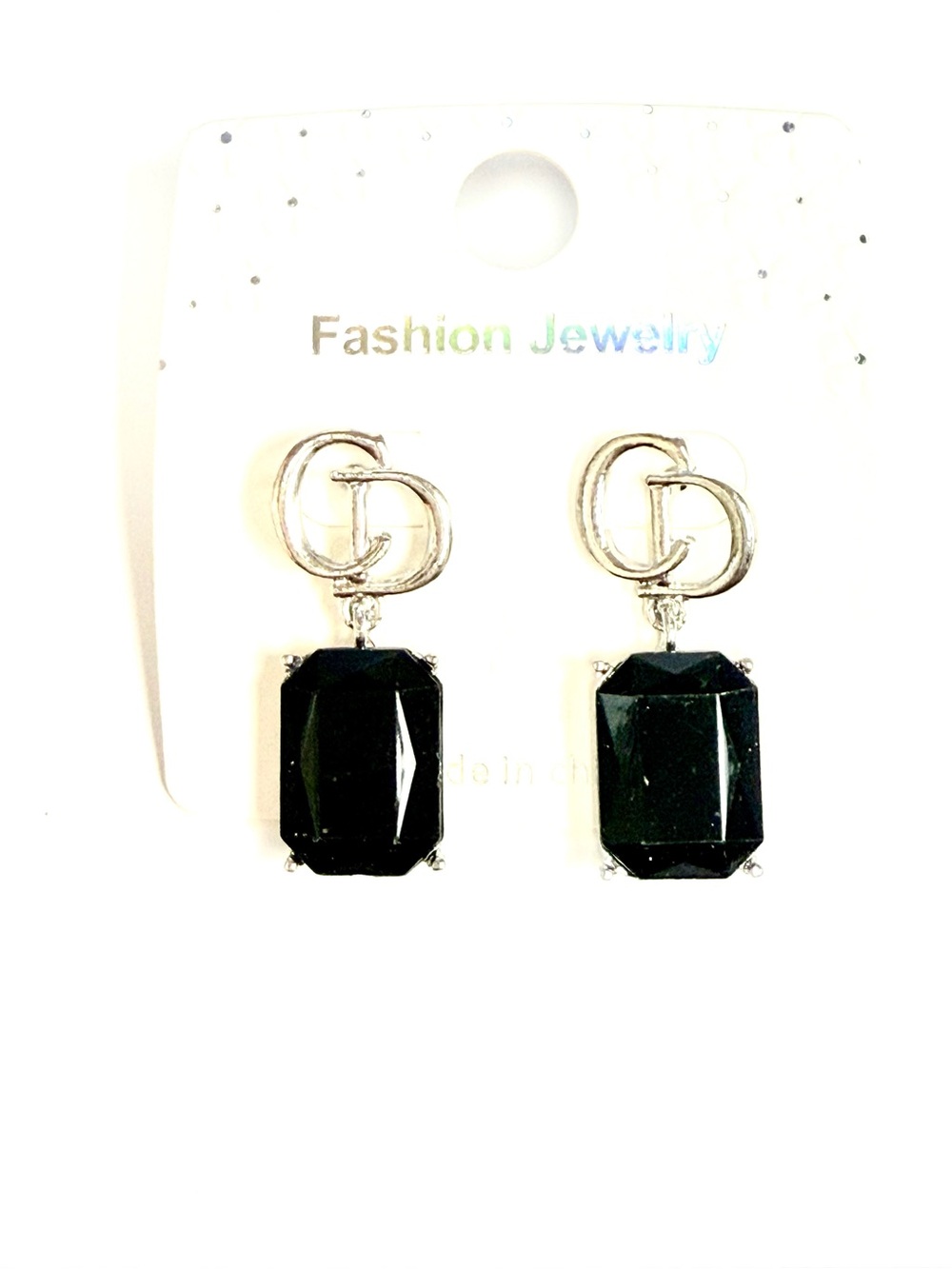 Fashion Jewelry Silver-Tone Earrings with Black Emerald-Cut Stones